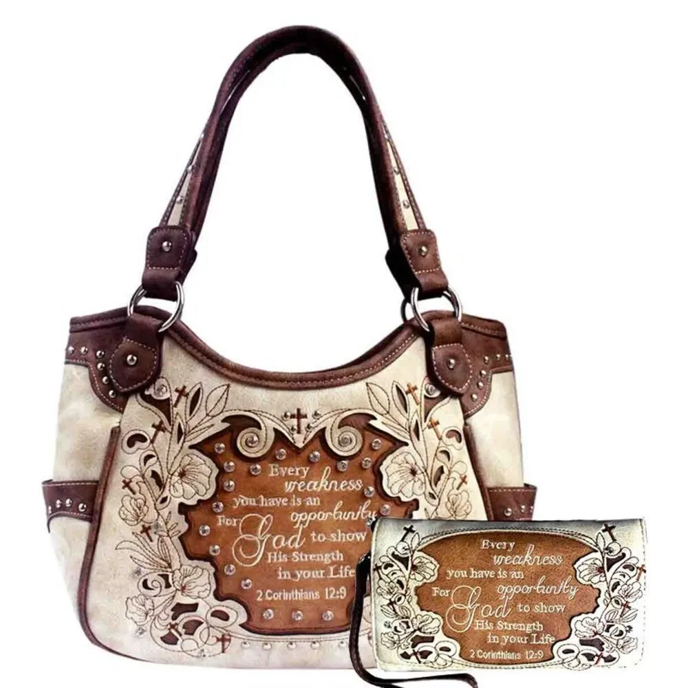 Beige Concealed Carry Bible Verse Embroidery Handbag Set With Wallet